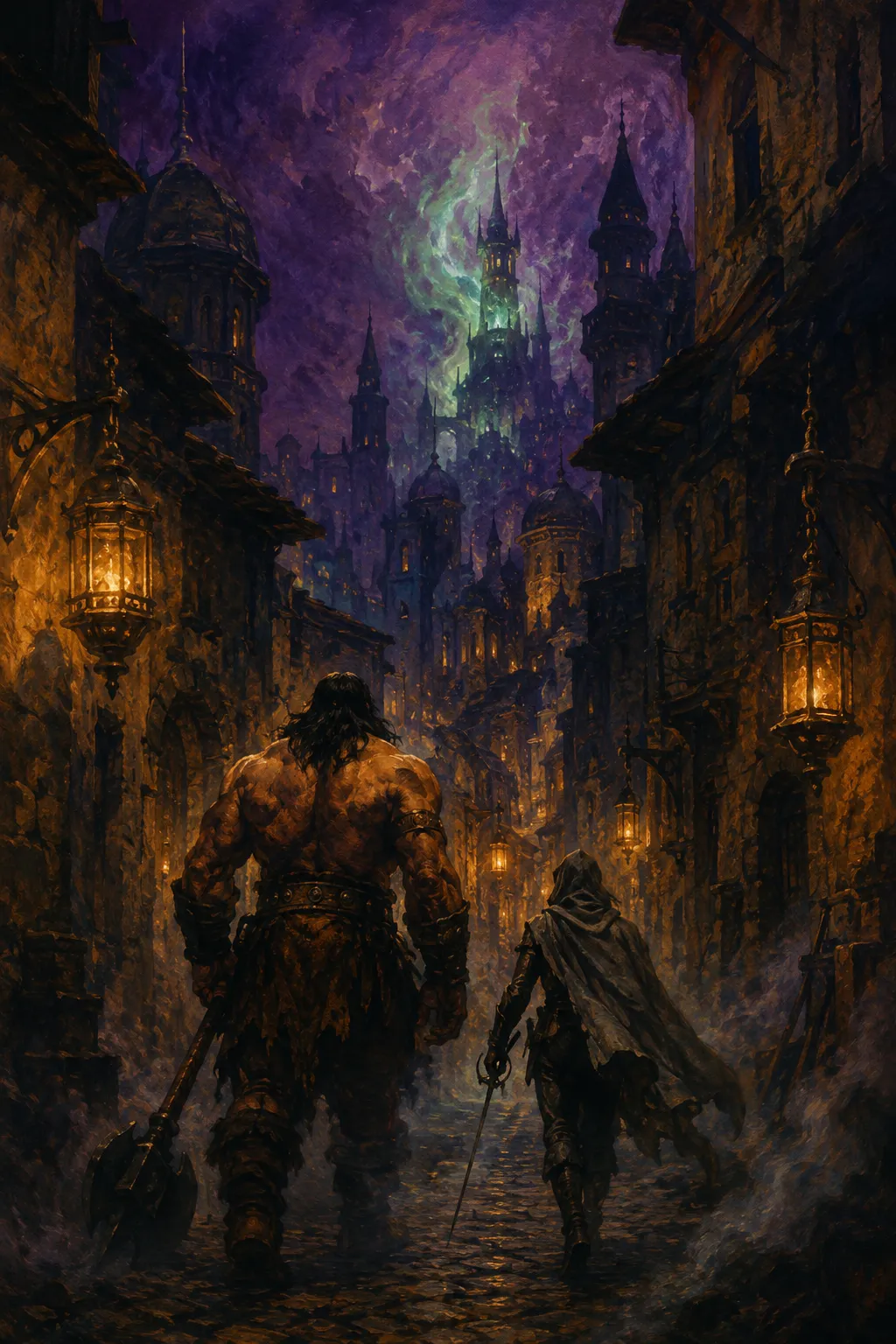 Deux aventuriers, un colosse et un petit escrimeur, s'enfonçant dans une ruelle nocturne d'une cité fantastique éclairée de lanternes