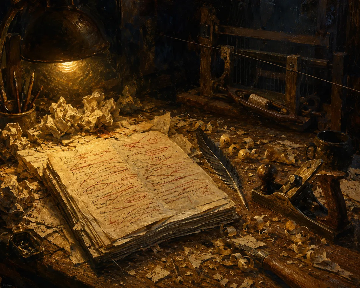 Établi d'atelier éclairé par une lampe : manuscrit raturé, plume et rabot posés côte à côte parmi les copeaux et les chutes de papier