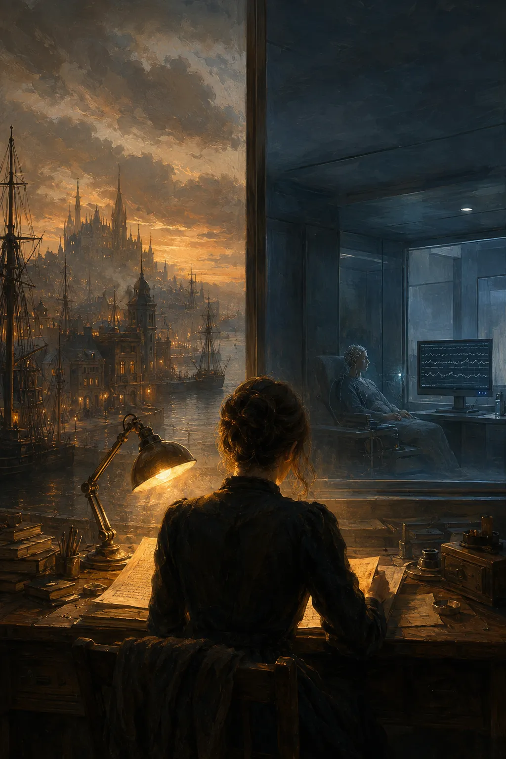 Diptyque peint : à gauche un port de fantasy au crépuscule, à droite une salle d'observation médicale, et au centre une silhouette attablée devant un manuscrit