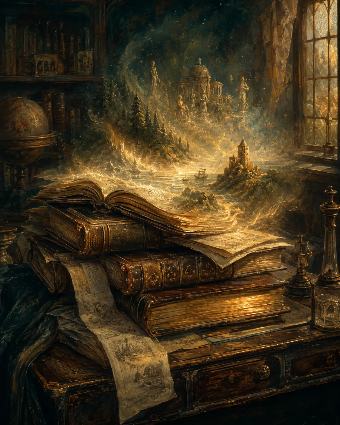 olumes anciens ouverts sur une table de bibliothèque, dont les pages laissent s'échapper en brume dorée les fragments d'un monde imaginaire