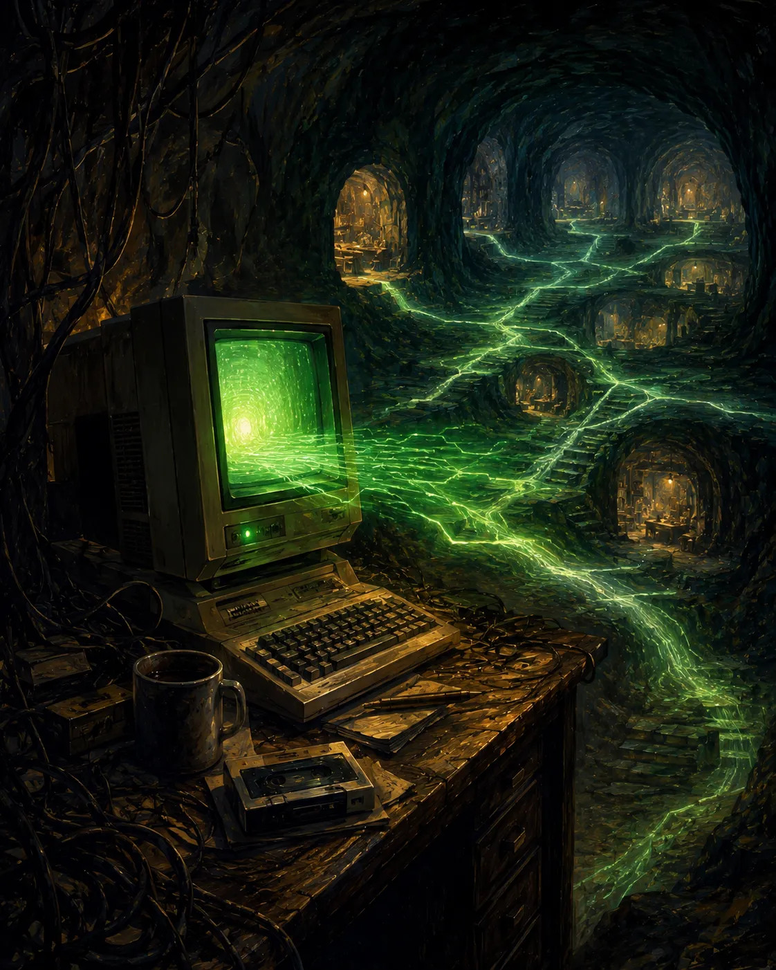Un vieux terminal informatique dont la lueur verte se transforme en galeries souterraines qui bifurquent