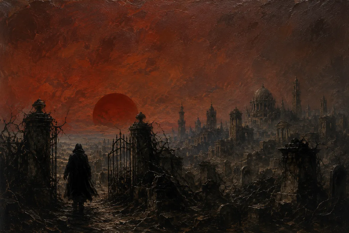 Silhouette encapuchonnée en manteau noir devant une nécropole en ruine, sous un vaste soleil rouge mourant