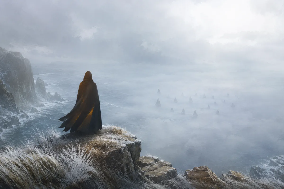 Silhouette encapuchonnée observant depuis une falaise des embarcations indistinctes surgir d'une brume glacée