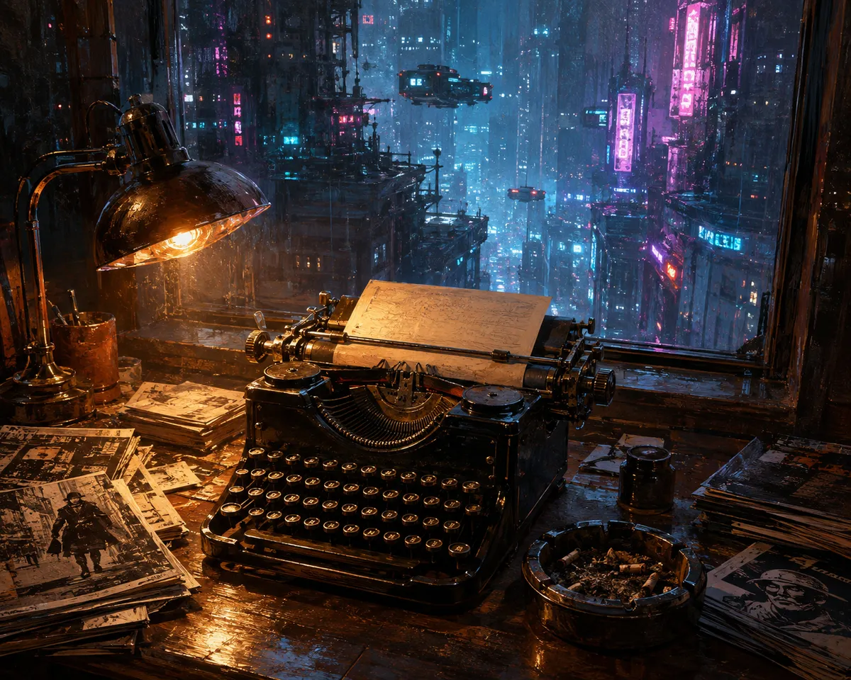 Machine à écrire mécanique et fanzines photocopiés sur un bureau, devant la fenêtre d'une mégapole nocturne sous la pluie