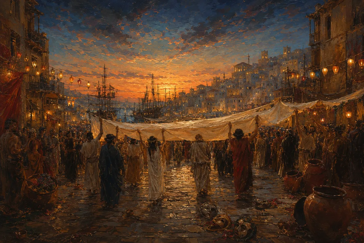 Procession festive portant une grande étoffe sur une place de cité portuaire au crépuscule, devant une forêt de mâts