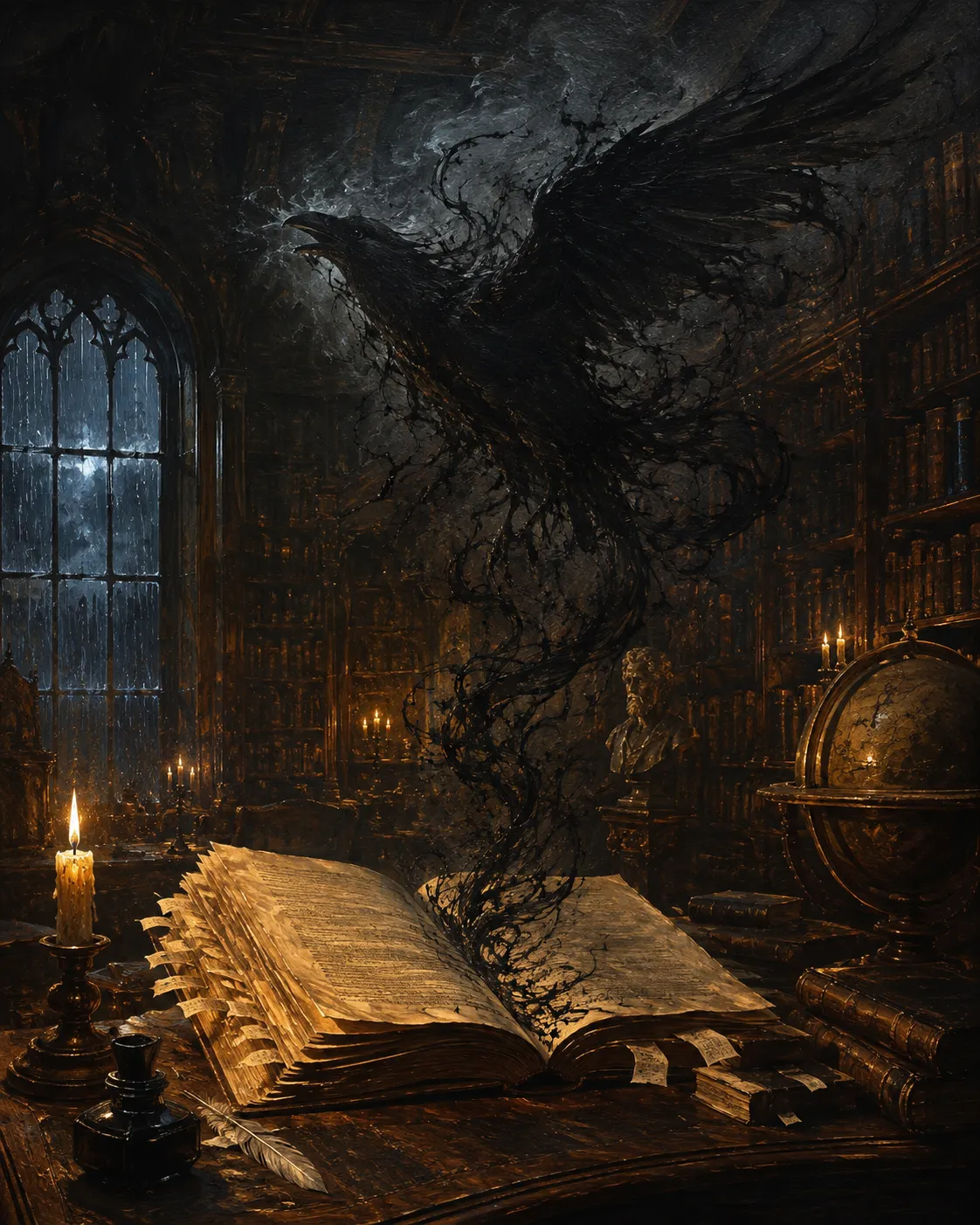 Livre ancien ouvert dans une bibliothèque à la chandelle, dont les notes s'échappent en volutes d'encre formant un corbeau