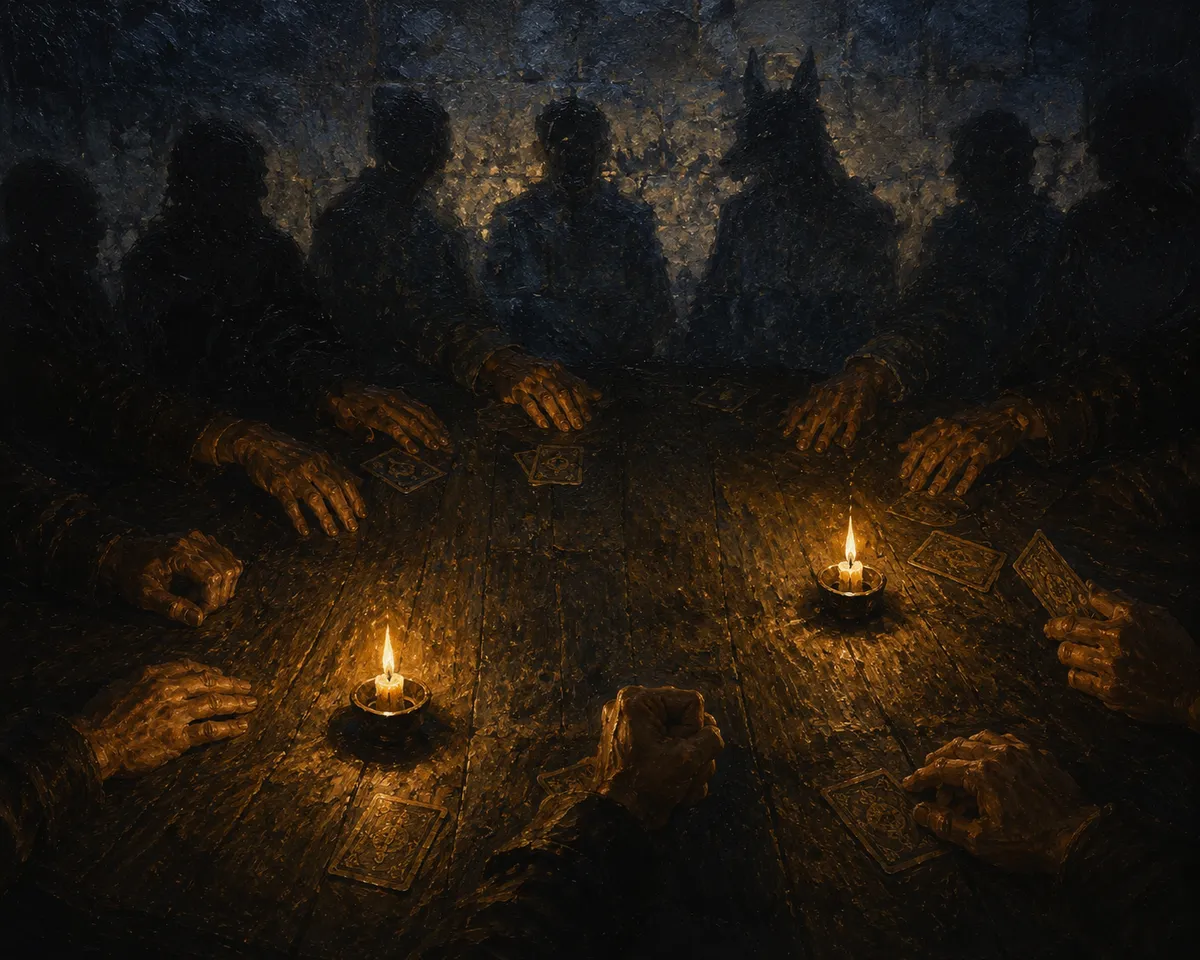 Des mains posées en cercle autour d'une table éclairée à la bougie ; sur le mur, les ombres des joueurs, dont l'une porte une tête de loup