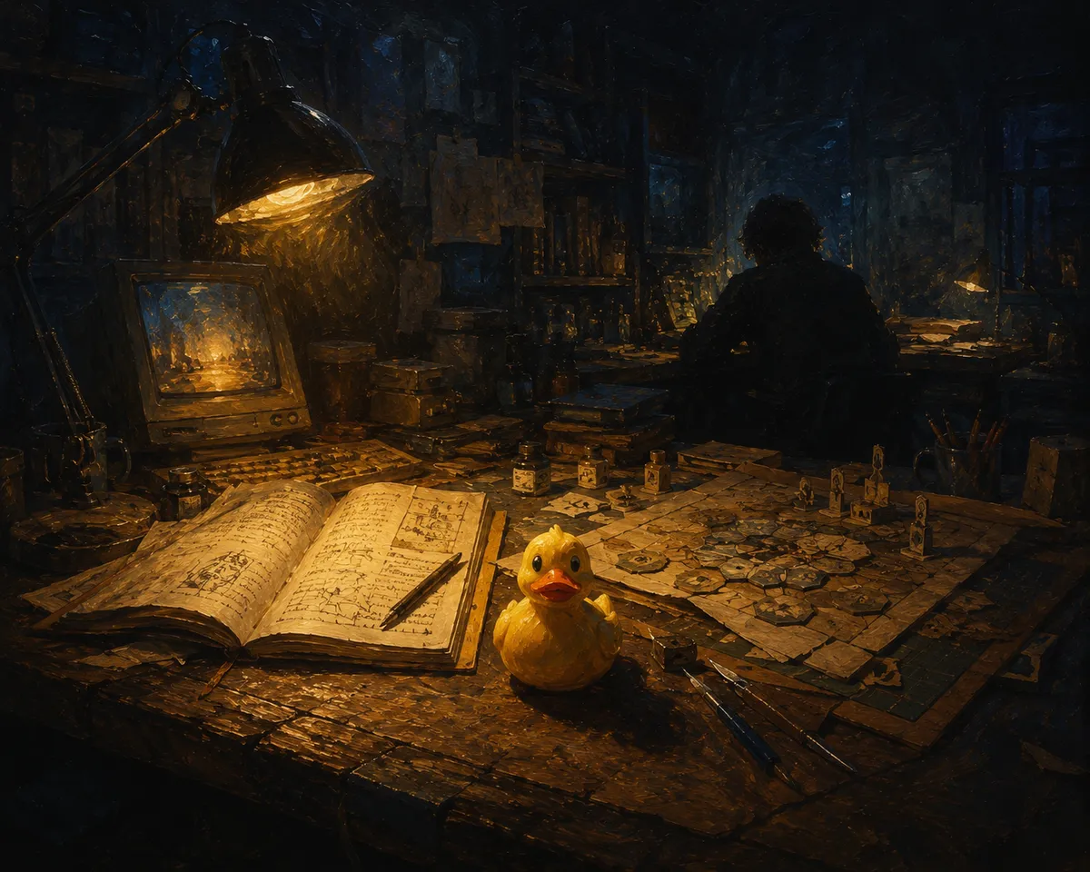 Un canard en plastique jaune posé sous une lampe d'atelier, devant un manuscrit annoté, un prototype de jeu et un écran allumé, tandis qu'une silhouette travaille dans la pénombre