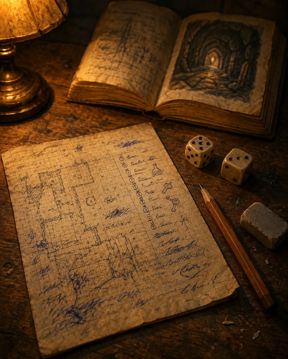 Feuille d'aventure manuscrite, crayon, gomme et deux dés posés sur une table de bois éclairée par une lampe