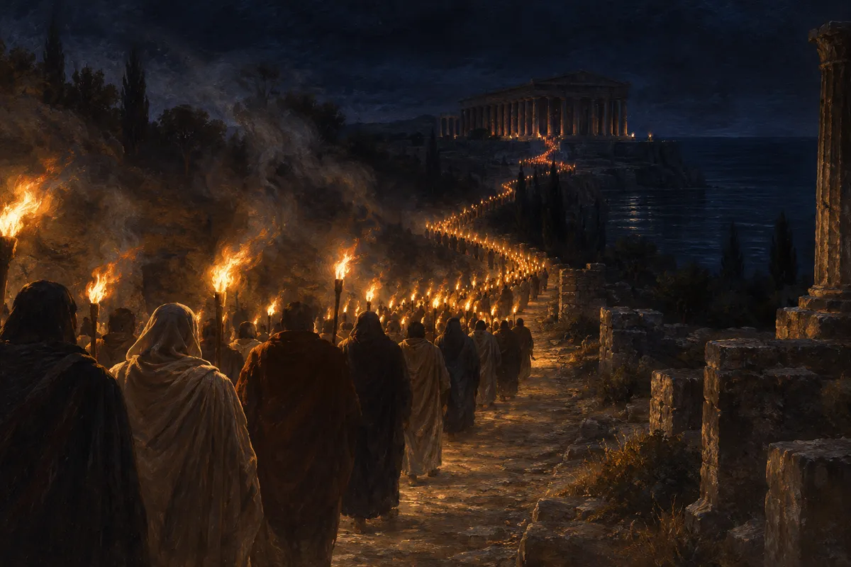 Procession nocturne de porteurs de torches sur une route antique menant vers un grand édifice à colonnes, au bord de la mer