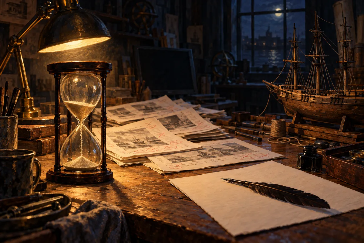 Établi d'atelier éclairé par une lampe, couvert d'épreuves corrigées et d'une maquette inachevée, devant un sablier presque vide