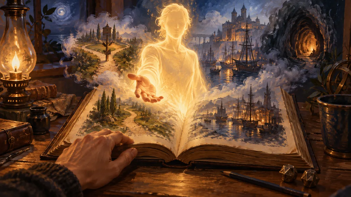 Une silhouette lumineuse sans visage s'élève d'un livre ouvert et tend la main vers le lecteur