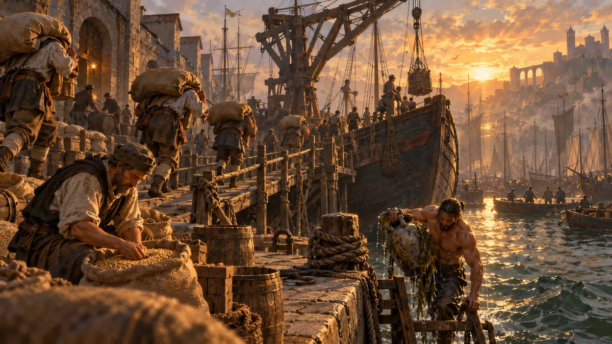 Portefaix, mesureur de grain et plongeur au travail sur un quai de port fantasy à la lumière du soir